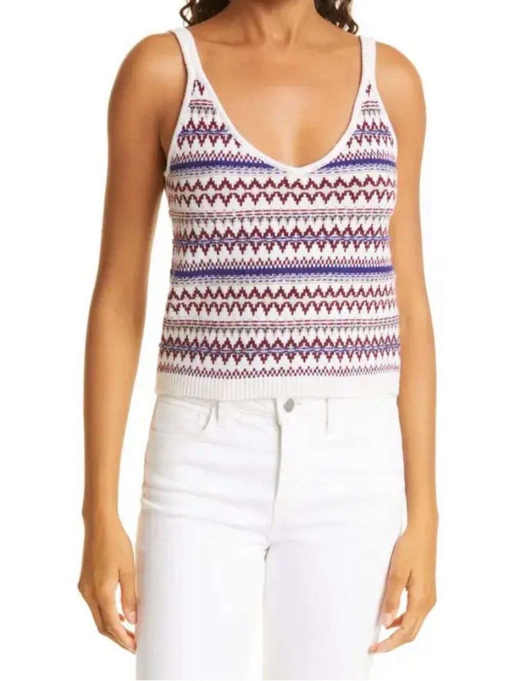 rag & bone White Knit V-Neck Tank with Red & Blue Pattern